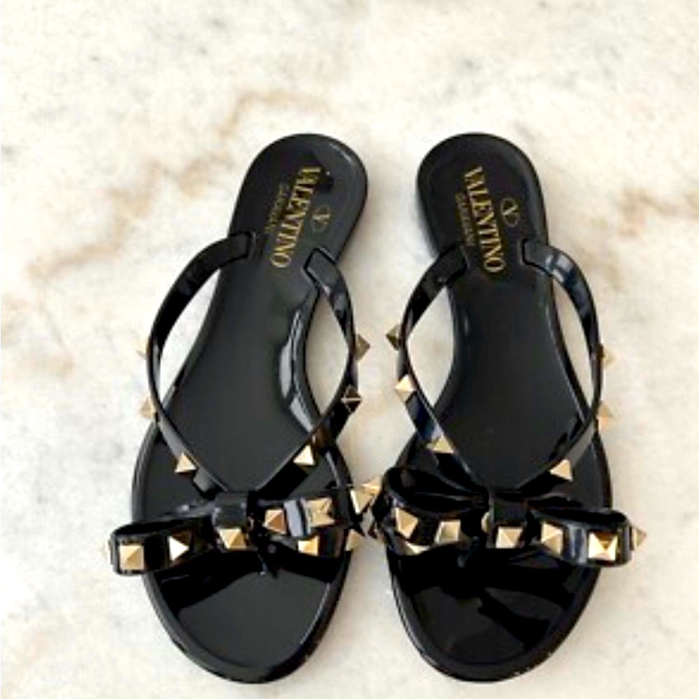 Valentino Black Patent Rockstud Bow Sandals